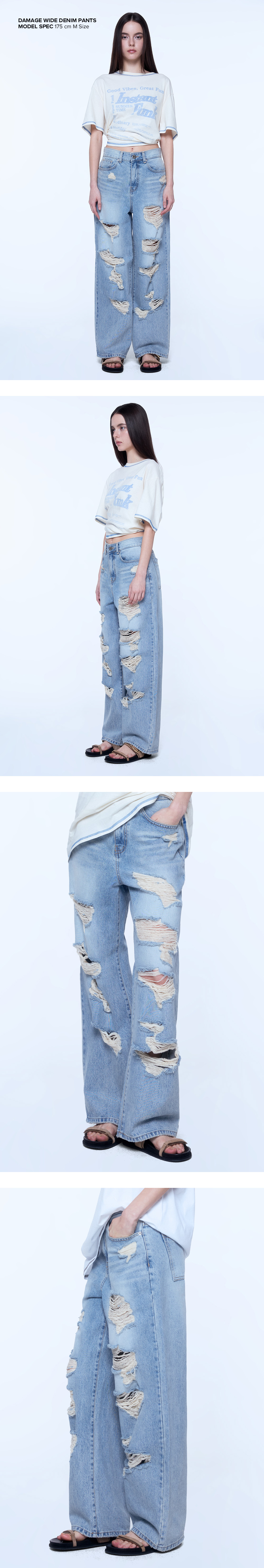 DAMAGE WIDE DENIM PANTS - LIGHT BLUE - INSTANTFUNK
